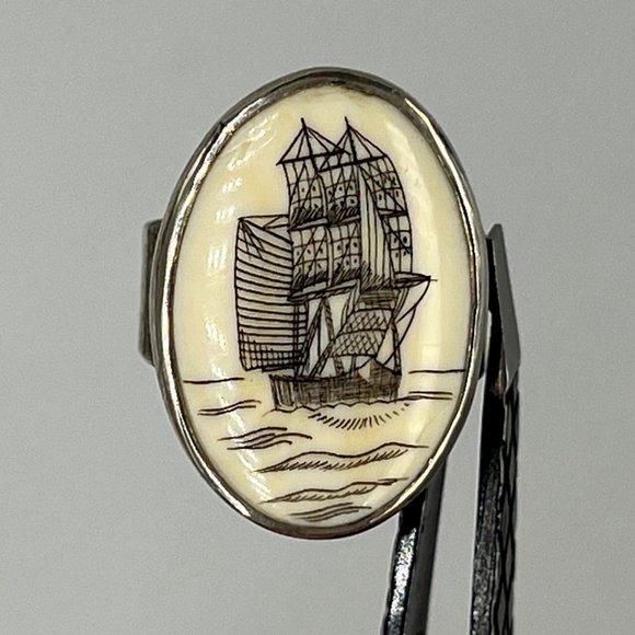 Faux Scrimshaw Silver Women's Ring with Whaling Boat Image - Size 8.5 - Picture 1 of 12
